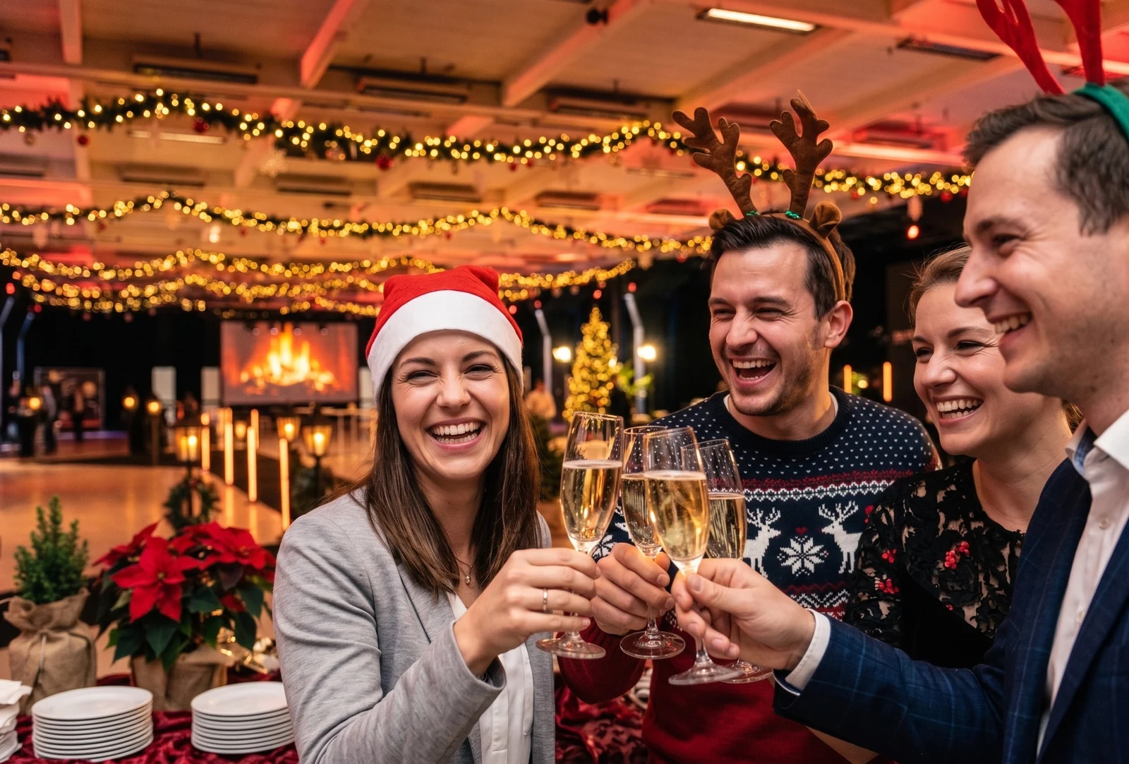 Gäste mit Sektgläsern und Rentier-Geweihen feiern Weihnachten